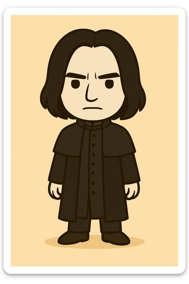 Full body illustration of Severus Snape in a cute, cartoon, simplified style similar to the Voldemort example. Add more details to the clothing: long black tunic with front buttons, high closed collar, extra fabric layer on shoulders like a short cape, long fitted sleeves, and a dark vest underneath. Use bold black lines and soft colors. sticker