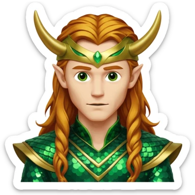 Loki, God of Mischief from Gods and Goddesses with long reddish blonde hair, green and gold sequin outfit sticker