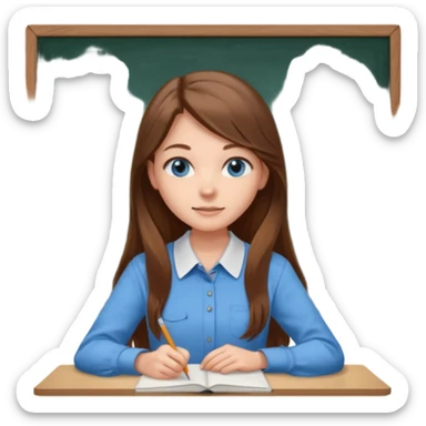high school class room with a pretty female high school student with long brown hair, blue eyes sitting in front of the blackboard sticker