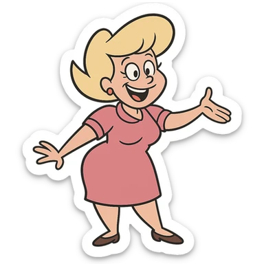 Bunny Bravo from Johnny Bravo, Johnny's mom, cheerful woman with blonde hair, pink dress, cartoon style sticker