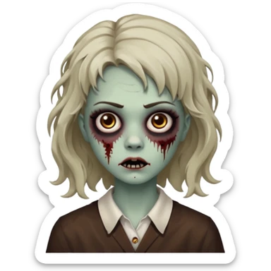 Cabelo ondulado  um pouco cheio e franja curta  Olhos marrons e pequenos e feita d ezumbi sticker