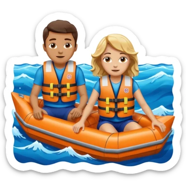 a boat upside down, with 2 people sitting on top trying to stay afloat. sticker