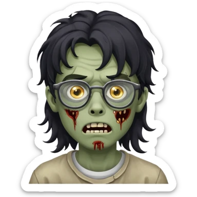 Faça um adolescente zombie com cara de assutado com cortes no rosto, com óculos é cabelos grandes ondulado preto, masculino  sticker