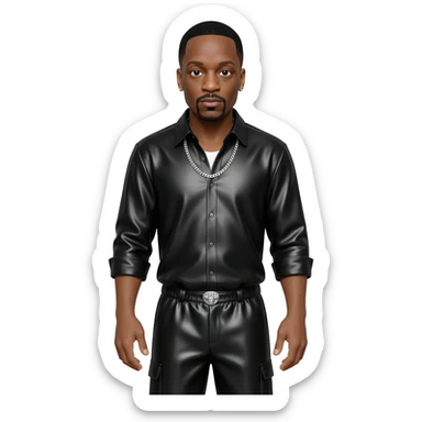 Dr Dre with black hair, black metallic shirt, black metallic baggy pants, silver necklace sticker