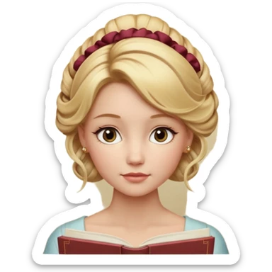 Cinematic Realistic Journal Portrait, depicted with lifelike skin texture, subtle rosy undertones, and soft natural lighting that enhances the gentle contours of her face. Her intricately detailed golden blonde hair is elegantly styled in an updo, sticker