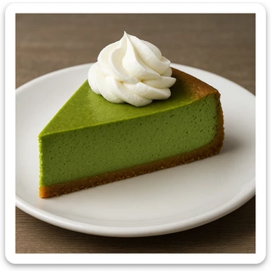 a slice of matcha cheesecake with a golden brown crust, green filling, and a dollop of whipped cream sticker