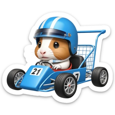 Racing drift car whose frame and suspension is made of shopping cart material is being professionally steered driven by a small thin Guinea pig  sticker
