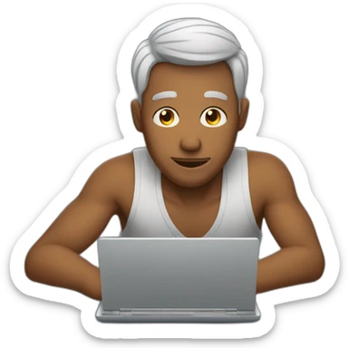 man sitting in front of laptop and we can see his screen sticker