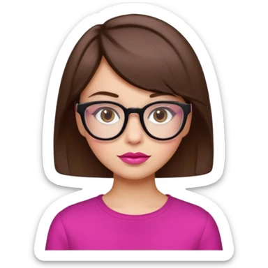 short brown hair girl with square glasses and pink lips, emoji style sticker
