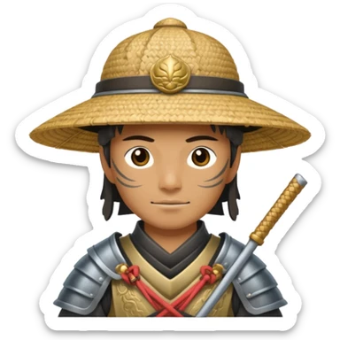 Samurai with straw hat, Warrior in armor holding wide hat sticker