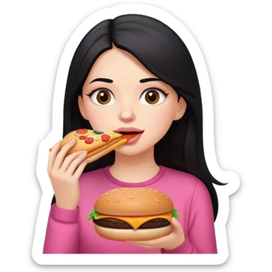 White girl in pink clothes and long black hair eating burger and pizza sticker