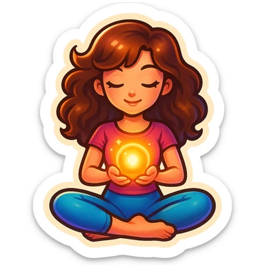 detailed, cute, feminine girl in lotus pose holding glowing energy orb, retro stickers style with shadows and highlights, transparent background sticker