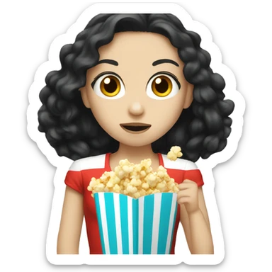 Pale girl with long black hair eating popcorn sticker