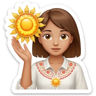 A young Ukrainian girl with brown hair wearing a white embroidered shirt holds the sun in her hands sticker