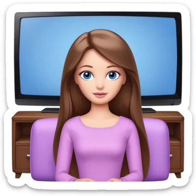 beautiful barbie girl with long brown hair, blue eyes and wearing light purple clothes watching tv shows sticker