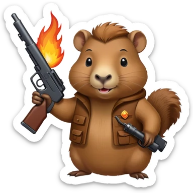  smiiling capibara  with fire guns in hands  sticker