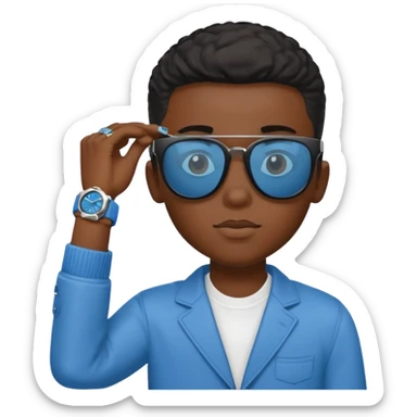 Un garçon noir avec des lunettes de soleil un peu bleu avec un cadran plutôt carré et SANS QU’ON VOIT SES YEUX. Et au dessus de sa tête il y a écrit BOUSs on dois pas voir ses yeux sticker