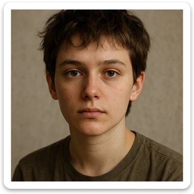 realistic portrait of a young person with short tousled brown hair, light skin, neutral expression, inspired by the reference image sticker