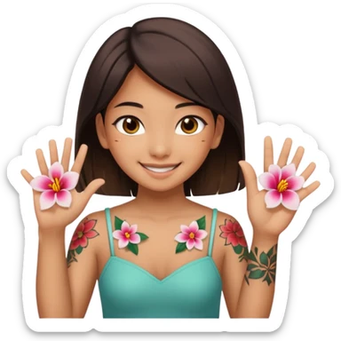 make me an image of a girl from hong kong with brown eyes and a hong kong flower tattoo on her back flipping off the camera sticker