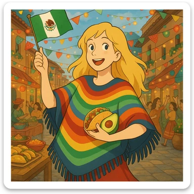 cartoon of a tall blonde woman in a colorful poncho, smiling, holding a taco and avocado, waving a Mexico flag, dancing in a festive street party background with food and decorations sticker
