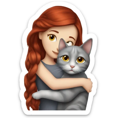 Dark red hair white girl hugs grey cat realistic  sticker
