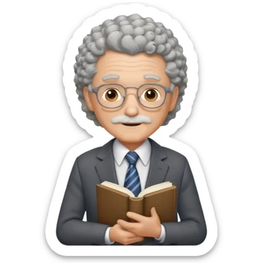 elderly male, curly hair, holding book, wearing suit sticker