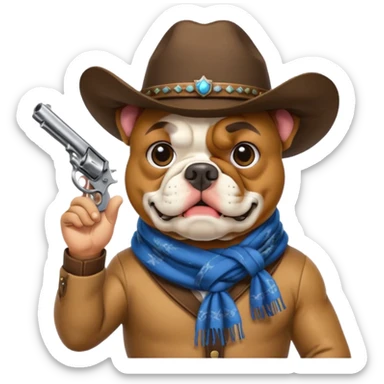 A bulldog wearing a cowboy hat, covering his mouth with a scarf so he wouldn't be recognized, pointing a revolver at you, telling you to hand over your money. sticker