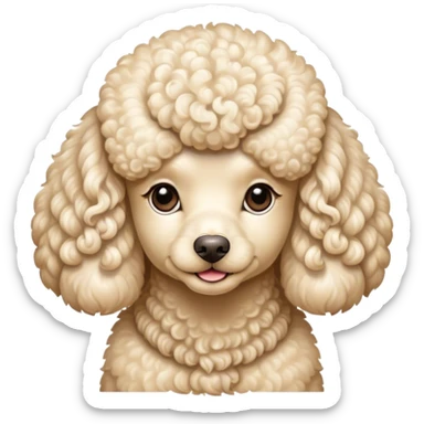 Cinematic Noble Cream Poodle Portrait Emoji, Poised and regal, with a refined, elegant build and a meticulously groomed, curly cream Fur, deep-set soulful warm eyes, Simplified yet sharp and sophisticated features, highly detailed, glowing with a soft, dignified glow, high shine, intelligent and graceful, stylized with an air of sophistication, focused and attentive, soft glowing outline, capturing the essence of a watchful and confident companion, so majestic it feels as though it could prance out of the screen with effortless authority! sticker