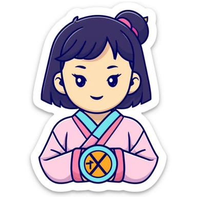 Vaporwave aesthetic Japanese girl with geometric background, retro 80s style, pastel colors, Japanese kanji text, digital sunset, nostalgic elements sticker