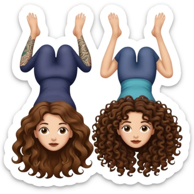 spell confusion — long wavy brown hair tattooed woman and short tight curly brown hair woman — scroll upside down sticker