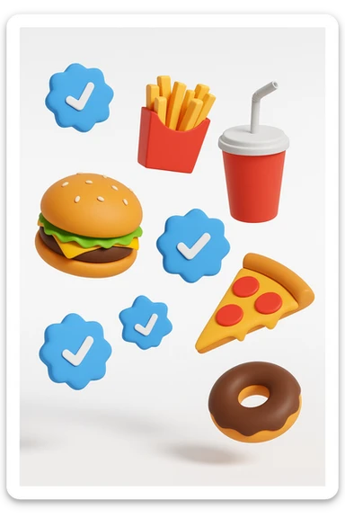 fast food fluttua in aria insieme a spunte di verificato in 3d, sfondo bianco sticker
