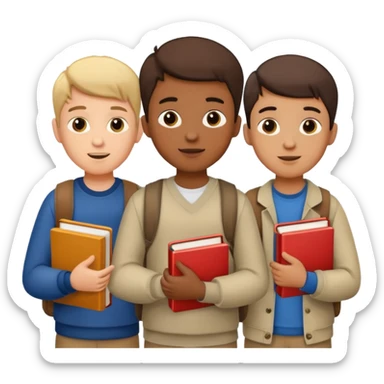 generate a group of 3 boys, all different looking.Holding books. one of them calling on a mobile sticker