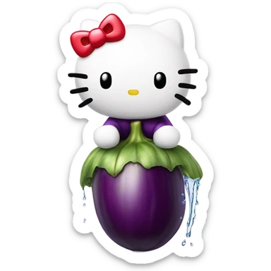 Hello kitty sitting on top of a eggplant and the eggplant squirting water sticker