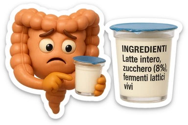 SU QUESTO STILE FAI UN EMOJI STILE IPHONE 3D DI UN INTESTINO CHE HA IN MANO UN BARATTOLO DI YOGURT CONFEZIONATO DA SUPERMERCATO E LEGGE L'ETICHETTA NUTRIZIONALE CON GLI INGREDIENTI IN ITALIANO, ACCANTO ALLO YOGURT CHE HA IN MANO C'è UN FOCUS SULL'ETICHETTA CON GLI INGREDIENTI SCRITTI, FAGLI UN ESPRESSIONE CONFUSA MENTRE LEGGE E FALLO MOLTO REALISTICO IN 3D sticker