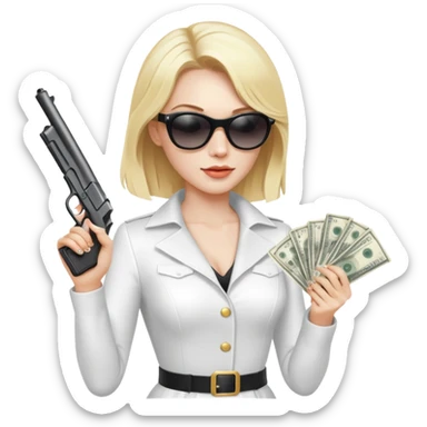 Mafia blondes woman in sunglasses, gun ,money , white costume  sticker