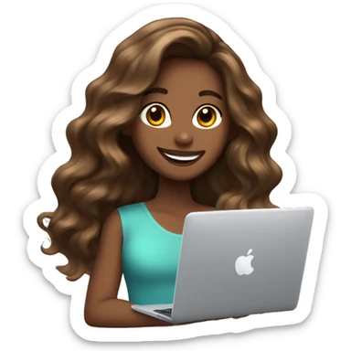 brown balayage Hair italian girl with macbook, smiling sticker