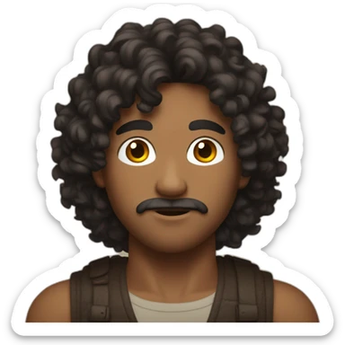 dark-haired man with curly hair with a brown bustier sticker