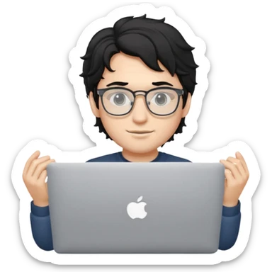 guy with wavy black hair and skin tone a little bit white and glasses, with a macbook sticker