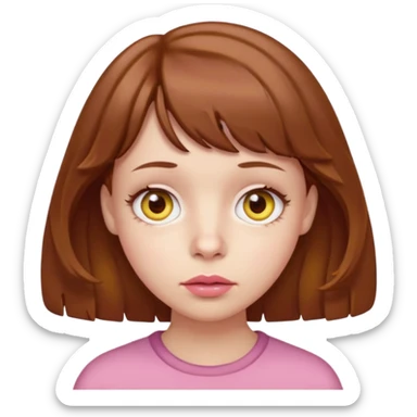 FAÇA UMA PERSONAGEM FOFA COM NARIZ DE BOLINHA AVERMELHADO CLARO E ZUMBI CABELO MARRON ONDULADO E FRANJA CURTA   COMO SE NÃO SOUBESSE OQ FEZ LÁBIOS CLAROS FECHADOS E OLHOS AMARELOS sticker