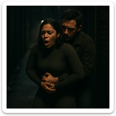 caught by a man performing a Heimlich maneuver on her in the dark alleyway, skintone thick skintight bodysuit, medium skin sticker