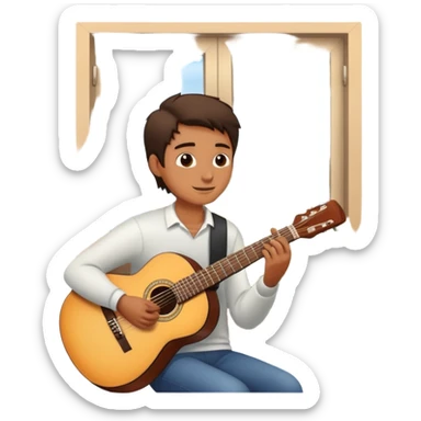 person serenading with guitar under a window sticker