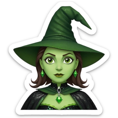 The Wicked Witch from Oz with green skin, brown hair, black sequin outfit sticker