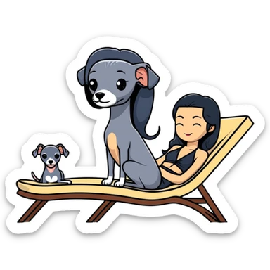 Very thin and slim Chinese woman with long black hair in elegant pool attire relaxing on a comfortable spa lounger at a luxury spa pool with her Italian greyhound that is COMPLETELY solid dark grey with ABSOLUTELY ZERO white markings anywhere - 100% uniform dark grey color only - also relaxing on a lounger sticker