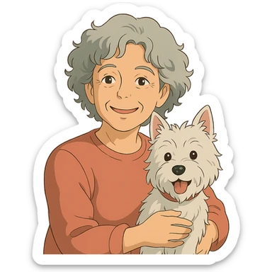 50-year-old woman with silver curly hair, smiling, with a Westie dog, ghibli style sticker