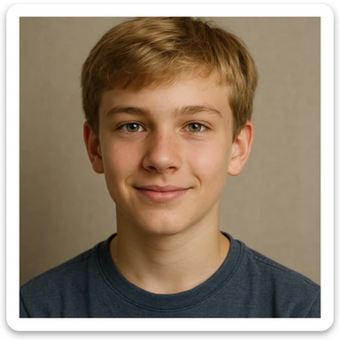 retrato realista de un chico de 13 años, pelo rubio, ojos verdes, expresión amigable, fondo neutro sticker