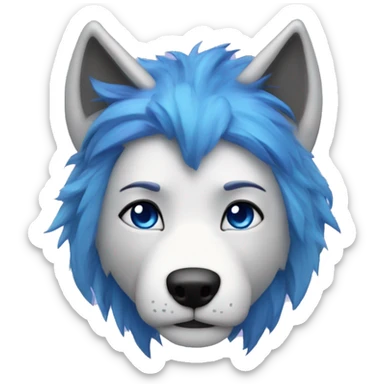 make me a wolf with blue hair on top with purple ears with blue eyes blue nose gray and white face with warm thing around his neak thats makes hime warm that is blue and black sticker