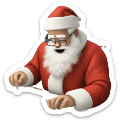 White Father Christmas with real hands is sitting on a desk, writing something down on a sheet of paper, solving complicated math puzzles, you can see the math tasks/ exercises sticker