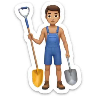 guy holding shovel pointed to his thigh sticker