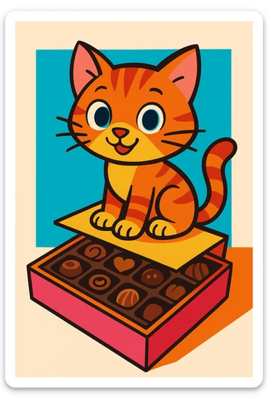 colorful cartoon style animated kitten sitting on a box of chocolates sticker