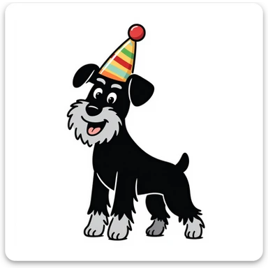 A schnauzer dog wearing a colorful birthday hat sticker